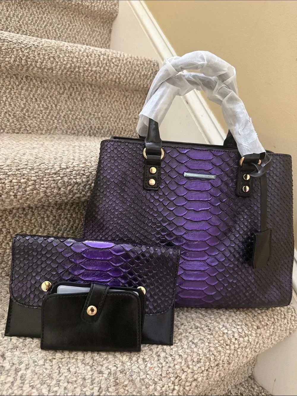 3pc Purple & Black Snake Skin -Embossed Handbag Set